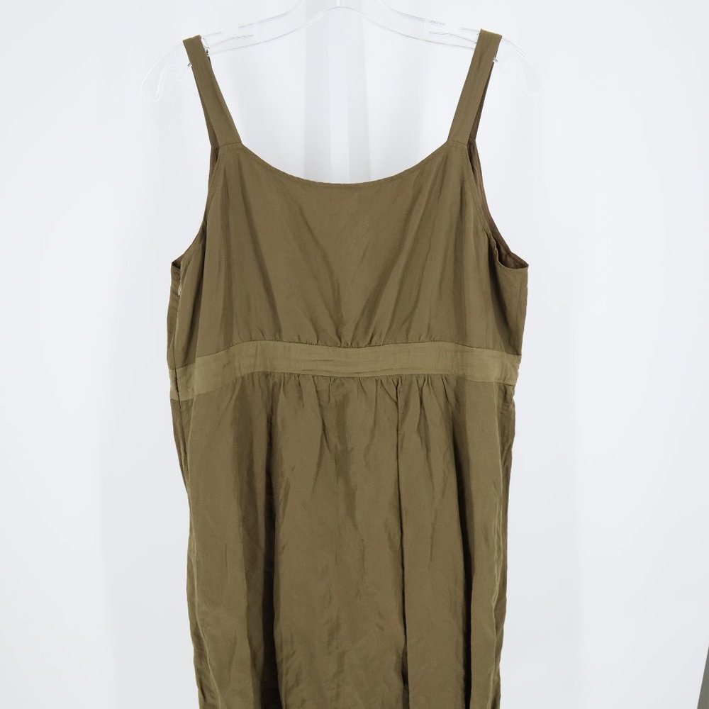 Eileen Fisher Sleeveless Satin Tie Waist V-Neck Dress Green/Brown - Picture 9 of 11